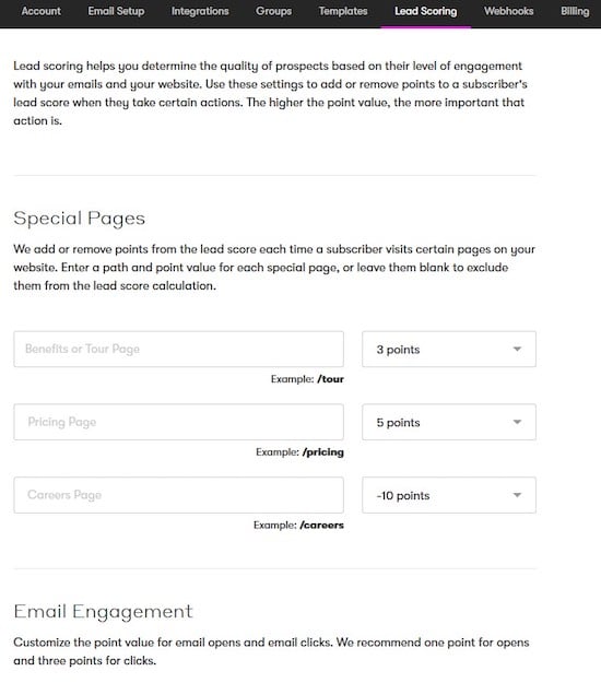 Drip lead scoring settings