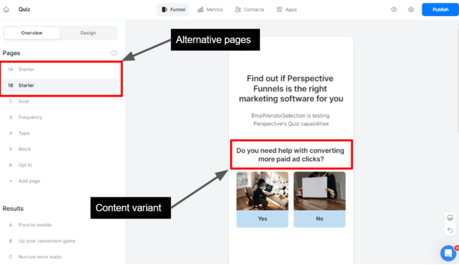 A/B testing content variants in Perspective Funnels