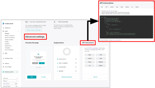 API code snippets in MailerSend