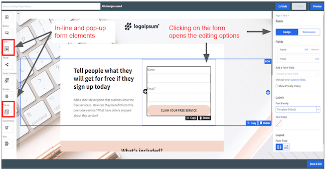 Form editing options in the AWeber landing page builder