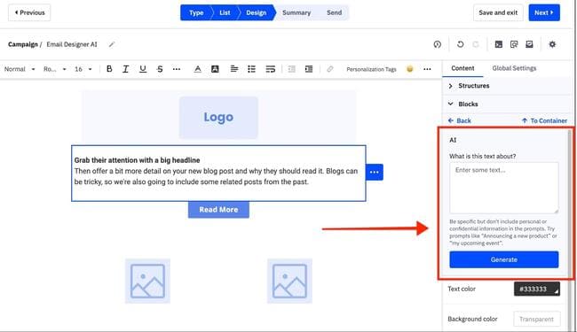 ActiveCampaign email editor with AI content generation