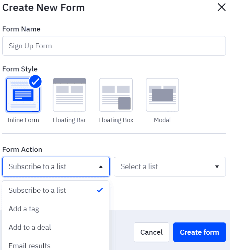 ActiveCampaign form options