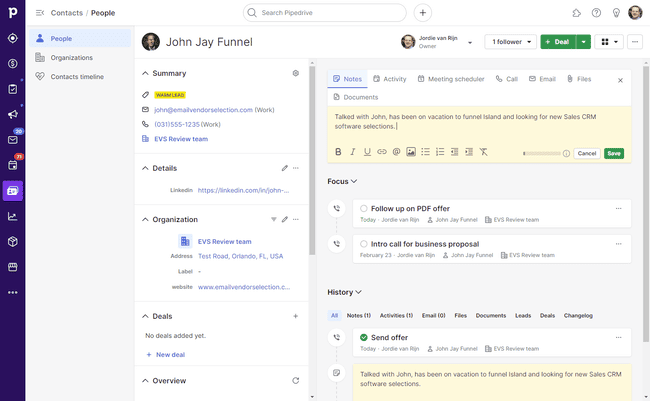 actividad del historial de la vista de contactos de Pipedrive CRM