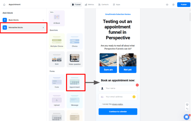 Adding an appointment block to a Perspective funnel