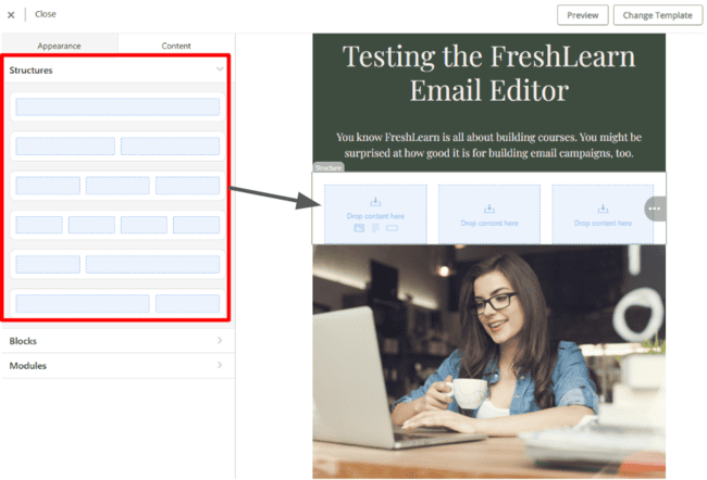 Adding layout structures to a FreshLearn email