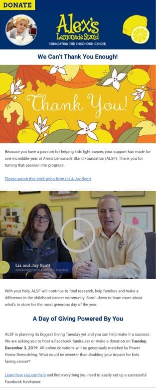 Alex’s Lemonade Stand thank you email as a nonprofit