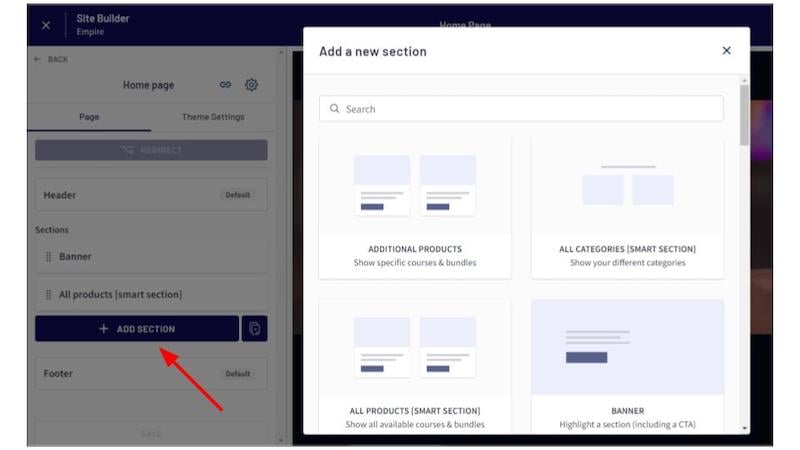 Añadir nuevas secciones a una página en el creador de sitios web de Thinkific