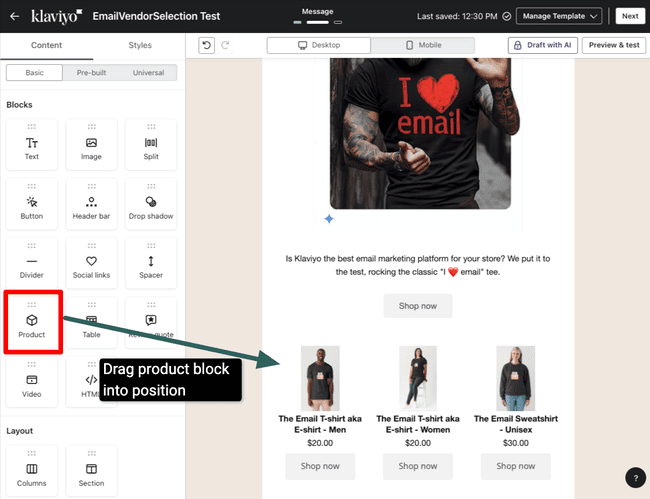 Añadir productos a un email de Klaviyo