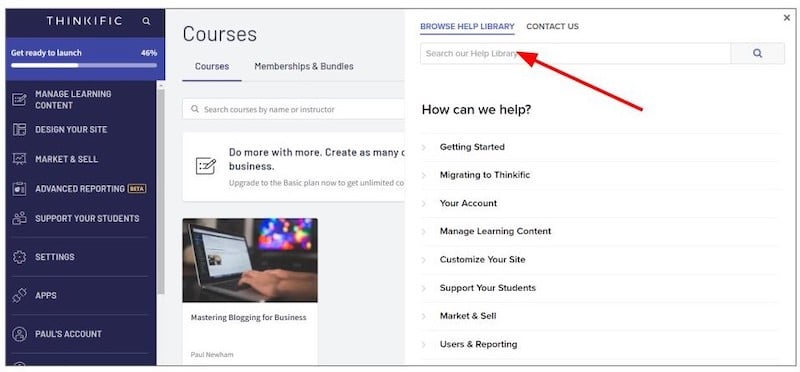 Barra de la biblioteca de ayuda de Thinkific