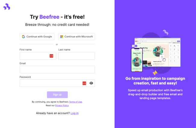 Beefree free email editor builder signup start