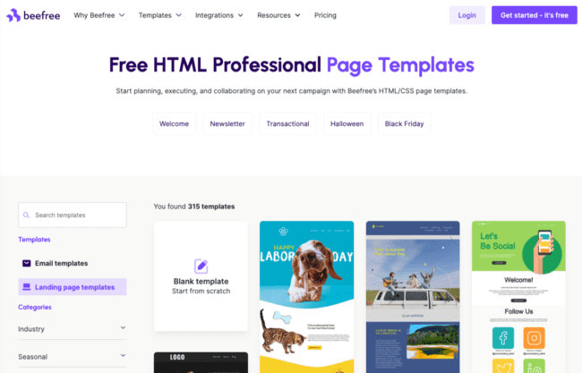 Beefree landing page editor HTML pages templates