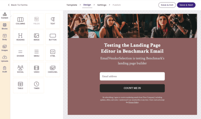 Benchmark email landing page editor review lead gen pages