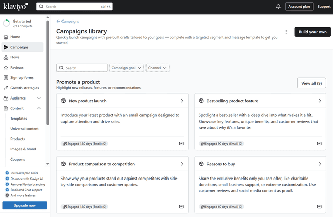 Biblioteca de campañas de Klaviyo