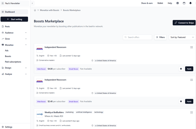 boosts Marketplace de beehiiv