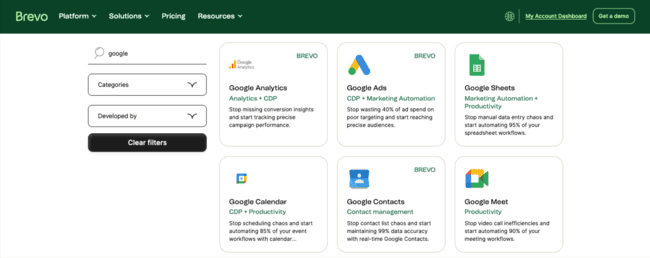 Brevo Google integrations Sheets Calendar Contacts Meet
