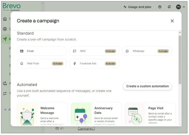 Brevo crea campañas de correo electrónico, SMS, WhatsApp y anuncios web push