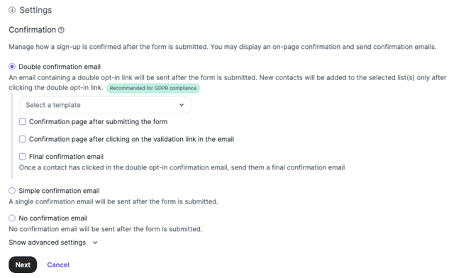 Brevo double opt-in settings