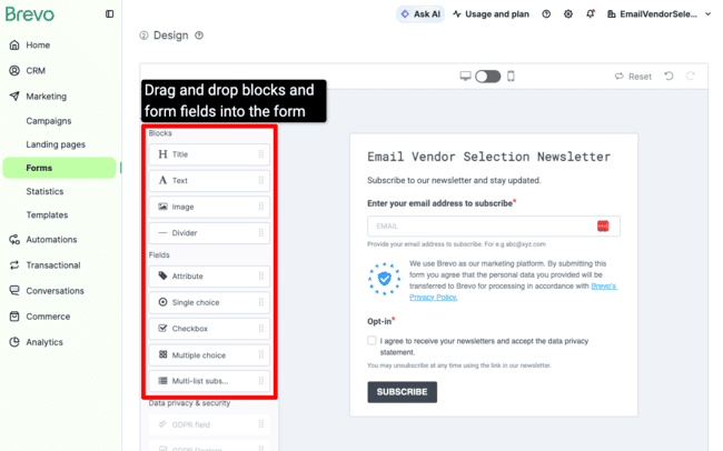 Brevo drag and drop form editor