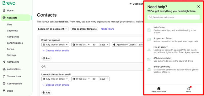 Brevo in-app customer support options