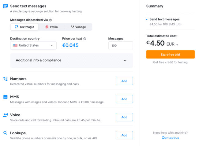 calculadora de precios de revisión de Textmagic Créditos de SMS por mensaje de texto pago por uso