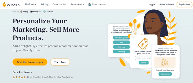 Captura de pantalla de la página web de Octane AI