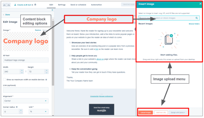 cargar una imagen en el editor de correo electrónico de Hubspot CRM