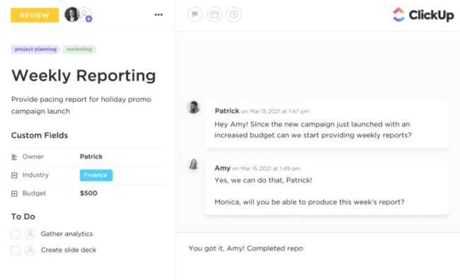 ClickUp crm weekly reporting tool