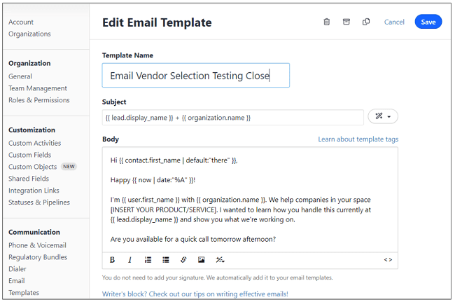 Close email template