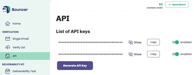 Configuración de las claves de la API de verificación de email en Bouncer