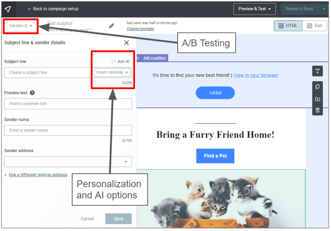 configuración de los emails marketing de Mailjet