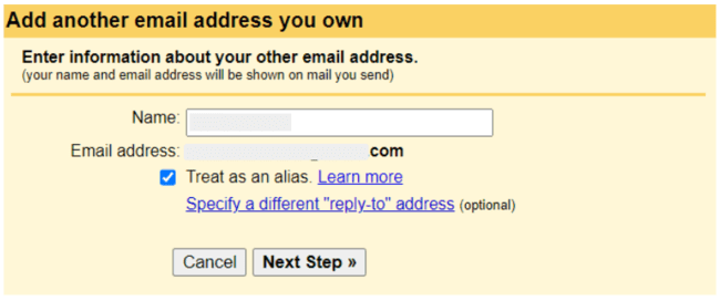 confirm sender information on a new Gmail account set up with an existing custom email address