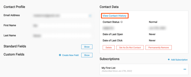 Contact profile page in iContact email software