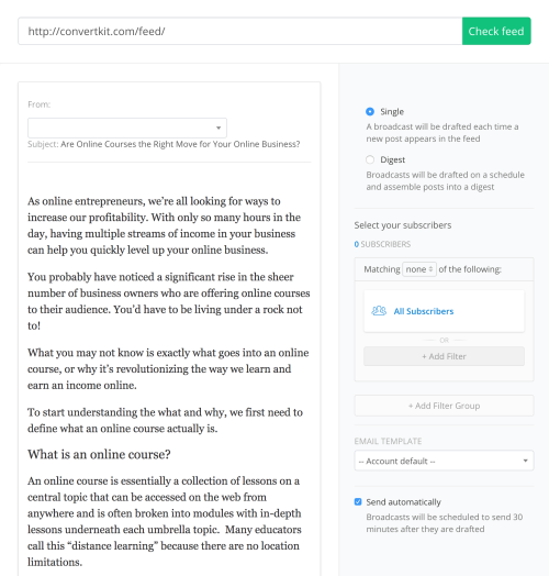 RSS features on ConvertKit