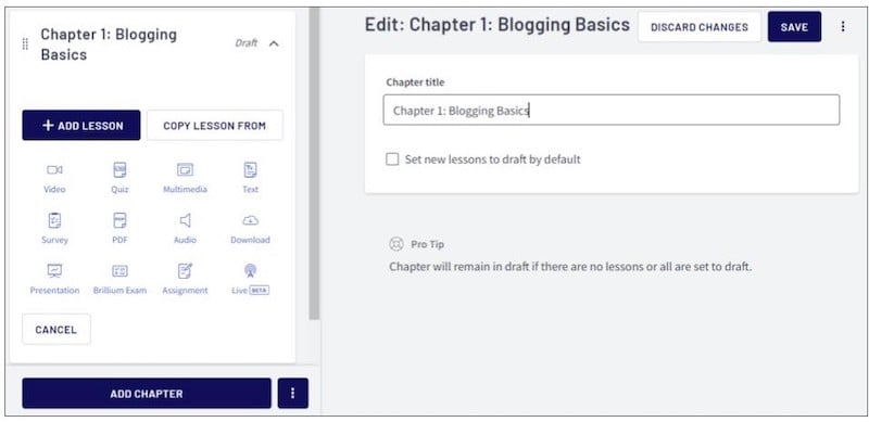 Creación de lecciones en el creador de cursos de Thinkific