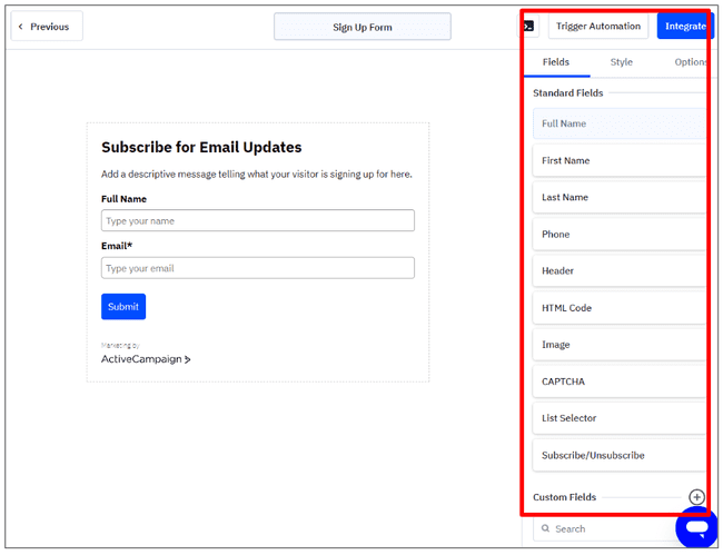 Creador de formularios de ActiveCampaign