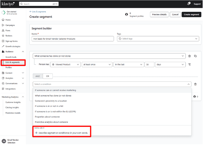 Creador de segmentos de Klaviyo
