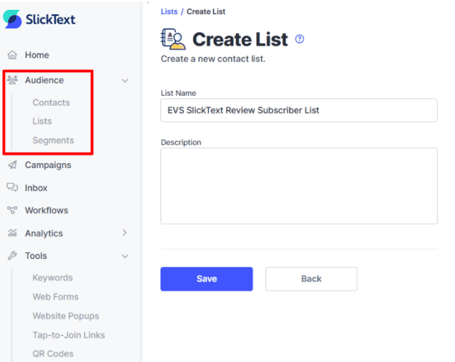 Creating a List in SlickText