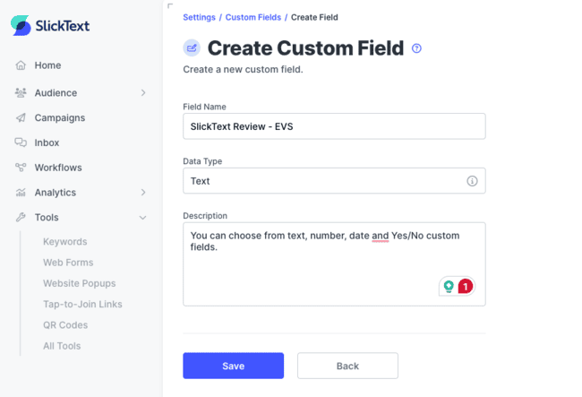 Creating a custom field in SlickText