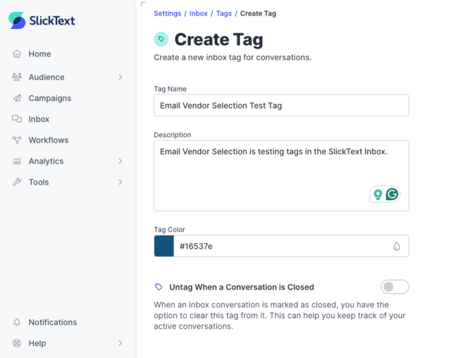 Creating a tag in SlickText