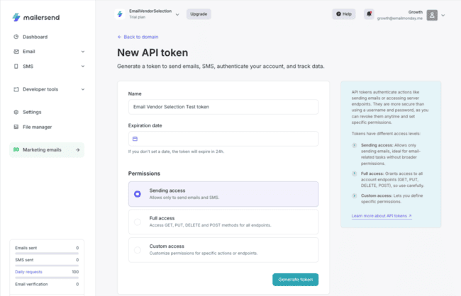 Creating an API token in MailerSend