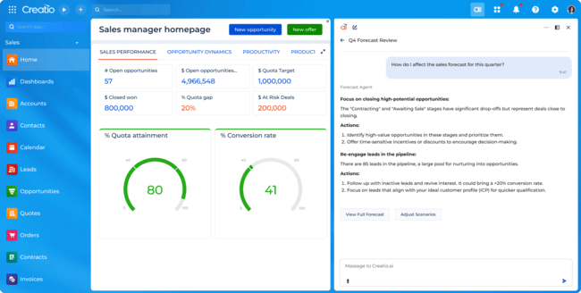 Creatio CRM sales analytics agent deals