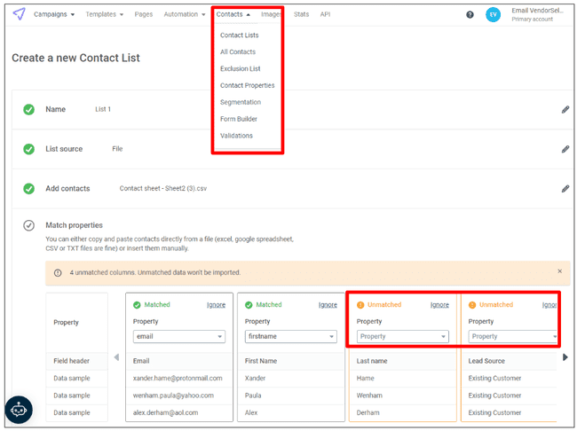 datos del campo de contacto de Mailjet