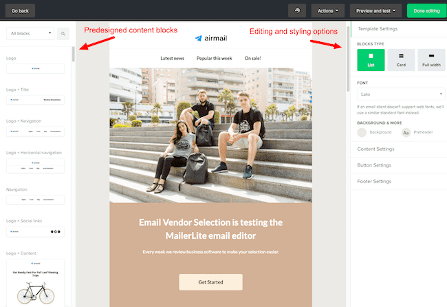 Editor de email de arrastrar y soltar de Mailerlite