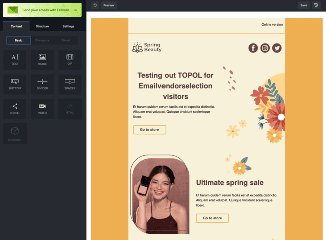 Editor de email de arrastrar y soltar de TOPOL