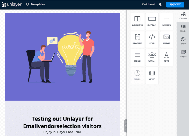 Editor de email de arrastrar y soltar de Unlayer