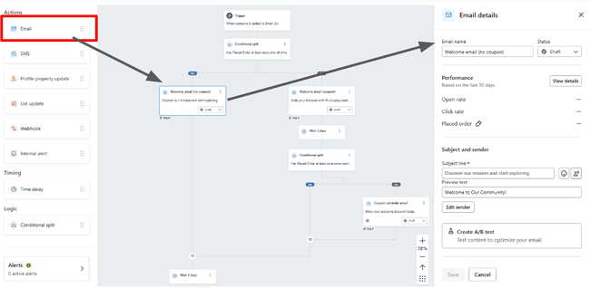 Editor de flujos de trabajo de automatización de Klaviyo