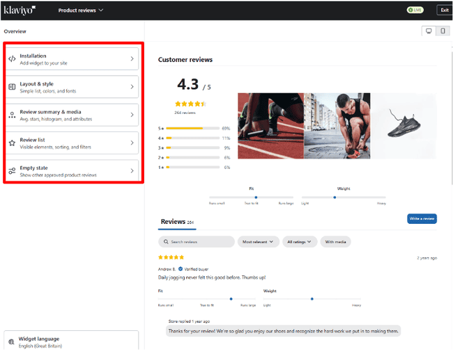 Editor de reseñas de Klaviyo