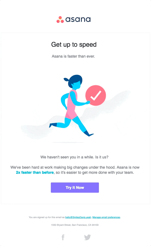 ejemplo de correo electrónico de reenganche de Asana para limpiar una lista de emails