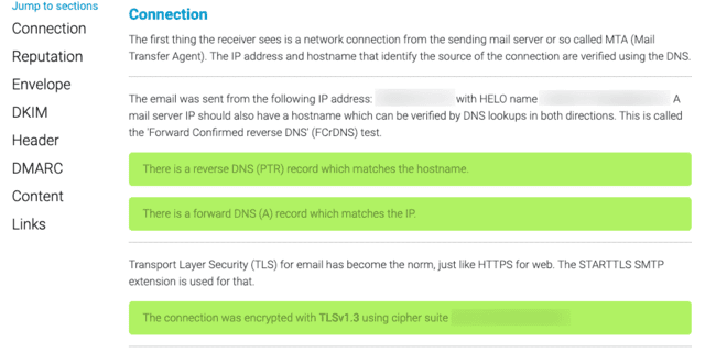 Postmastery EmailAudit deliverability test results connection reputation