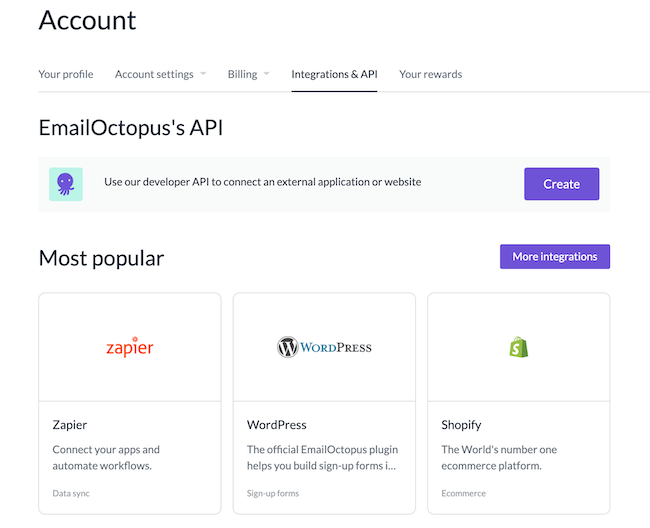 EmailOctopus reseña configuración de las integraciones